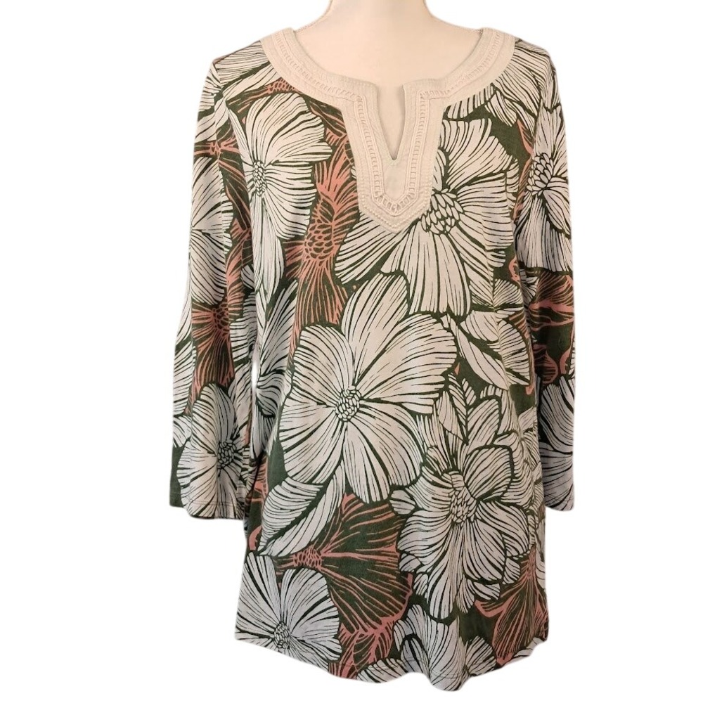 TALBOTS L Tropical Floral Print 3/4 Sleeve Tunic‎ Top Crochet V-Neck Pima Cotton